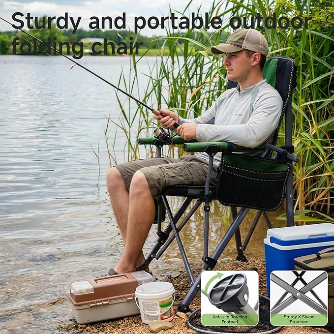 Folding Camping Chair with Cup Holder and Storage Bag, Heavy Duty Support 400 LBS, Oversized Collapsible Portable Camping Chair for Outdoor Camp, Picnic, Travel, Fishing Green