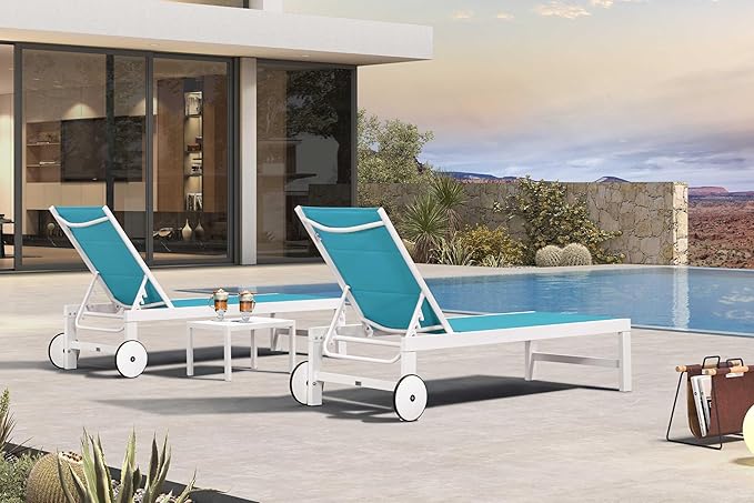 PURPLE LEAF Outdoor Chaise Lounge Set Elderly-Friendly Straight Legs Adjustable Sunbathing Recliner with Side Table for Back Support Poolside Beach Patio Lounge Chairs Blue 2 Sets