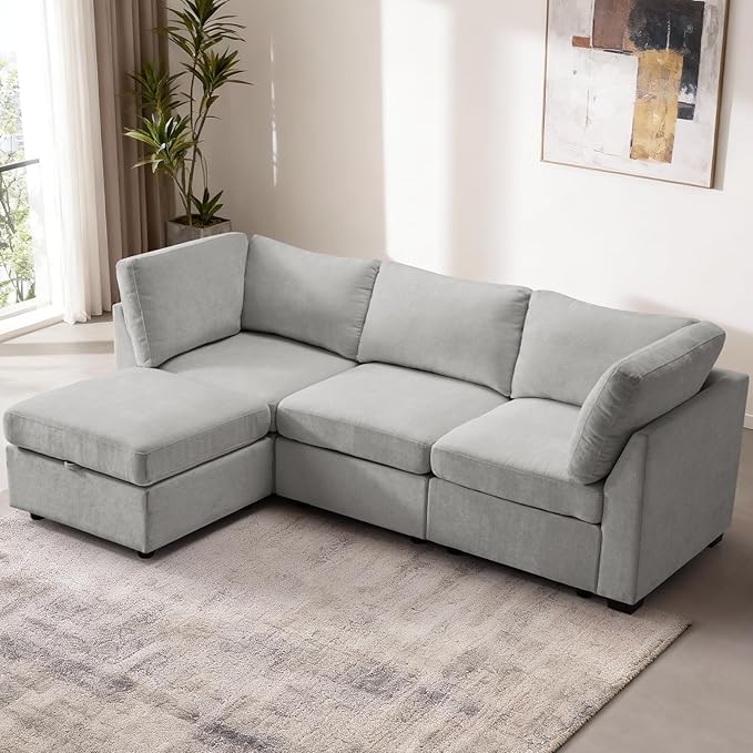 EDILLY 94 inches Oversized Modular Sectional Fabric Cloud Sofa Set, Extra Large L Shaped Couch Reversible Chaise Couch,3 Seat Modular Sofa with Storage Ottoman, Light Grey