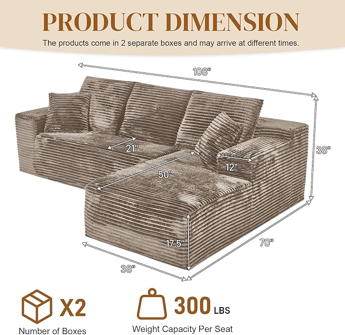 108" Boneless Cloud Sectional Couches for Living Room, Comfy Fluffy L Shaped Memory Foam Deep Seat Boneless Couch, Modular Sectional Sofa with Right Facing Chaise, Brown