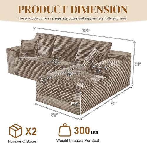 108" Boneless Cloud Sectional Couches for Living Room, Comfy Fluffy L Shaped Memory Foam Deep Seat Boneless Couch, Modular Sectional Sofa with Right Facing Chaise, Brown