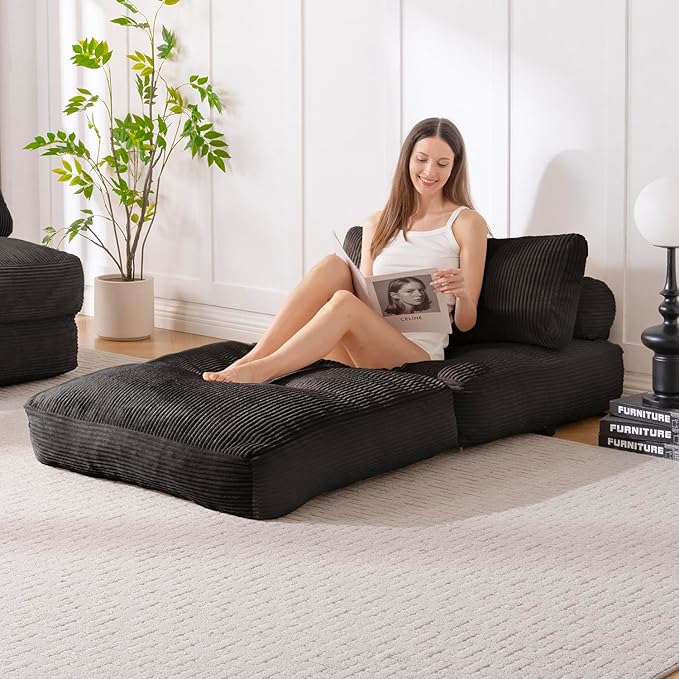 Waxberry Folding Sofa Bed, Convertible Sleeper Chair Couch Bed, Corduroy Upholstered Boneless Sofa for Living Room Bedroom, with Back Support Floor Couch, Black