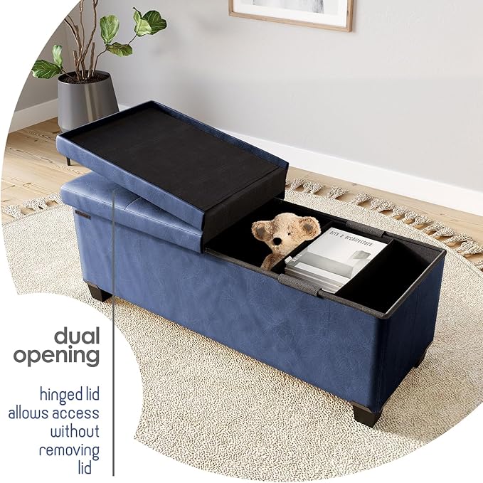 Storage Ottoman Bench with Bins, 43-in Storage Bench for Bedroom End of Bed, Folding Foot Rest Ottoman for Living Room Max 660lbs, Faux Leather Ottomans, Blue