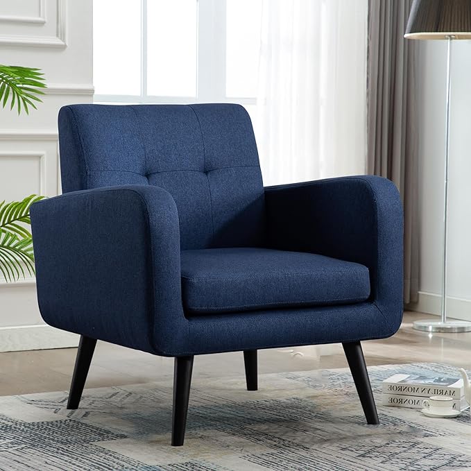LSSPAID Modern Accent Chairs, Upholstered Fabric Cozy Armchairs, Living Room Side Chair with Solid Wood Legs, Blue