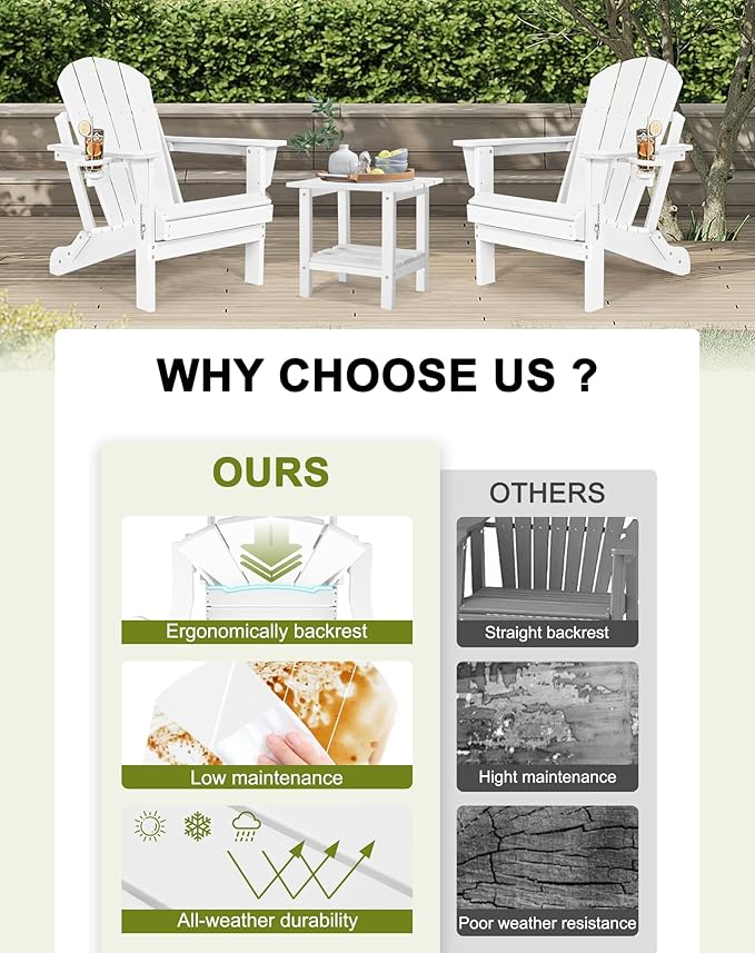 Folding Adirondack Chairs - Plastic Adirondack Chairs with Cup Holder, Weather Resistant for Outdoor, Patio, Lawn, Garden, Backyard Deck, Fire Pit - White