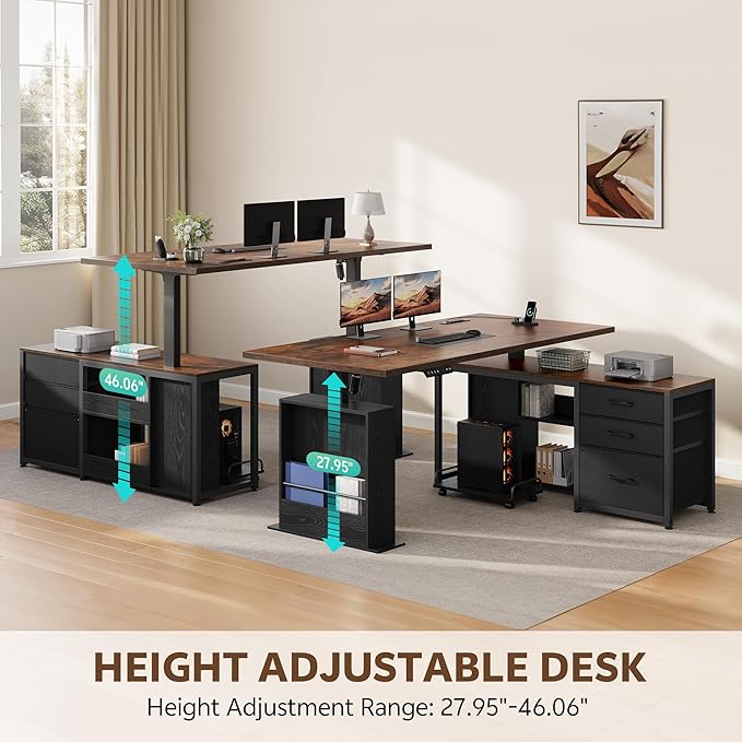 63" L Shaped Standing Desk with 3 Drawers Electric Adjustable Height Desk Corner Standing Desk with Storage Computer Game Desk with Power Outlets Computer Tower Stand for Home Office, Brown
