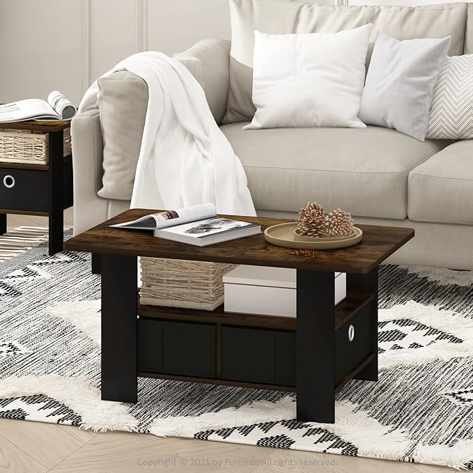 Furinno Andrey Coffee Table with Bin Drawer, Amber Pine/Black Small Non-Lift Top