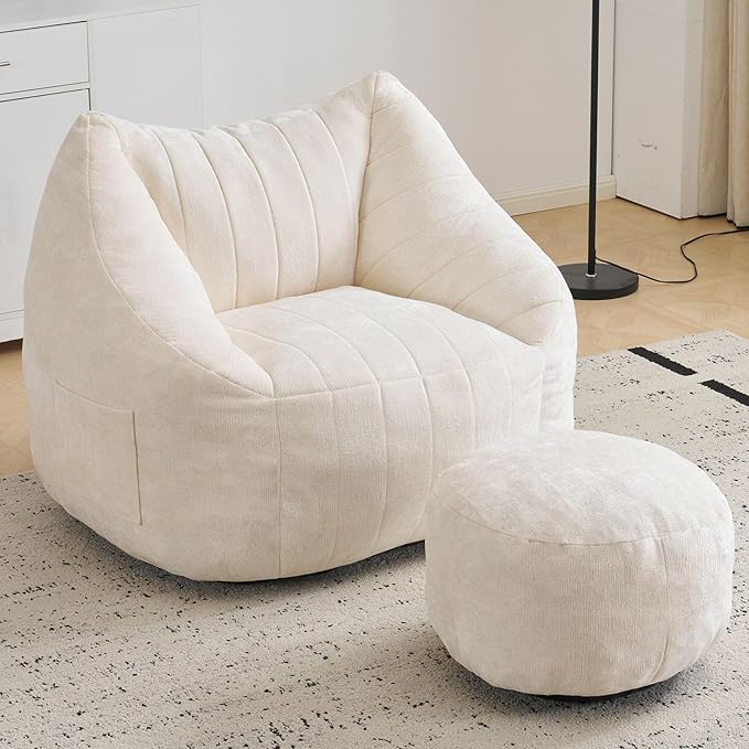 Giant Bean Bag Chair with Ottoman for Adults, Oversized Bean Bag with Filling Plush Fluffy,BeanBag Floor Sofa Chair with with Back Support for Living Room, Bedroom, Reading, Lvory