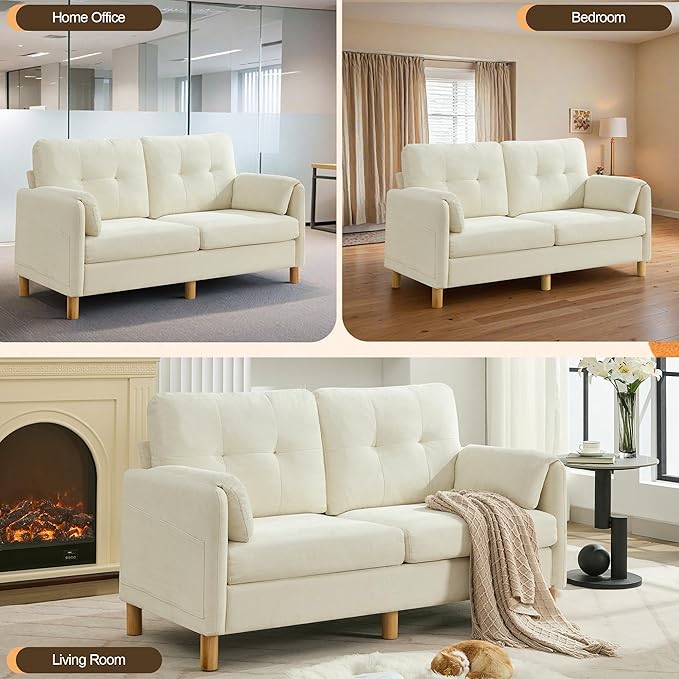 WUTUTUEE 65" Chenille Loveseat Sofa, Modern 2-Seater Love Seat Couch with Armrest Pillows, Storage Pockets, Easy Assembly, Upholstered Tufted Loveseat Sofa Couches for Living Room Bedroom, Beige