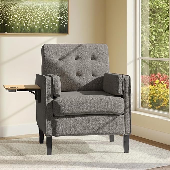 Chenille Accent Chair, Mid Century Modern Arm Chair with Foldable Wooden Side Table & Cup Holder - Comfy Reading Chair for Bedroom,Living Room Chairs,Single Sofa Chair,Dark Grey