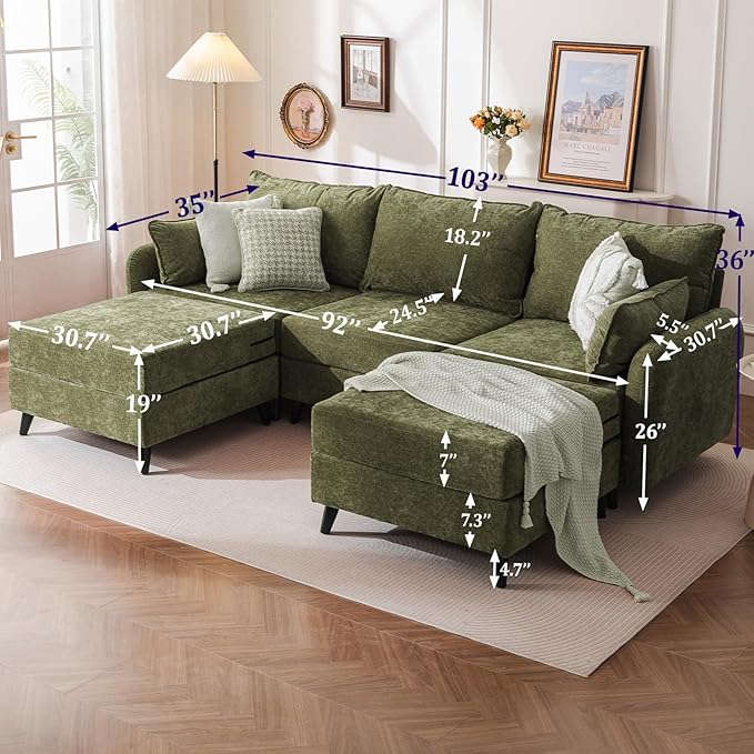 Rexulqo 104'' Modular Sectional Sofa with All Seats Storage, Oversized U Shaped Couch for Living Room,3-Seater Comfy Cloud Couches with Movable Ottoman,Big Sectional for Bedroom,Velet,Green