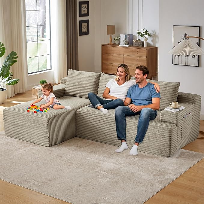 96.1" Modular Sectional Sofa Couches L-Shape Couch 3 Seat Modular Sofa Corduroy Memory Foam Sectional Boneless Couches for Living Room, Cloud Couch with Oversized Chaise(Camel, Left Facing)