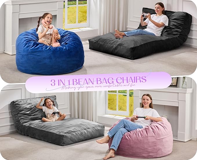 Hobestluk Giant Bean Bag Chair Bed for Adults, Large Bean Bags with High-Density Foam Filling, Convertible Big Sofa Bed Couch for Living Room, Bedroom, Playroom (Pink, Queen)