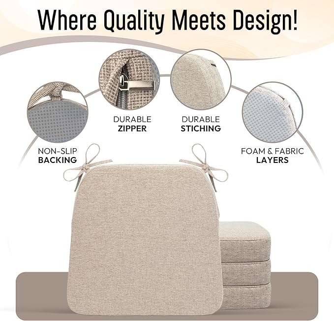 D-Shaped Indoor Chair Cushions 17" x 16" for Kitchen & Dining Chairs – 2'' Thick Seat Pads with Ties & Non-Slip Backing, High-Density Foam, Machine-Washable Covers, Set of 4 with Chair Leg Pads, Beige