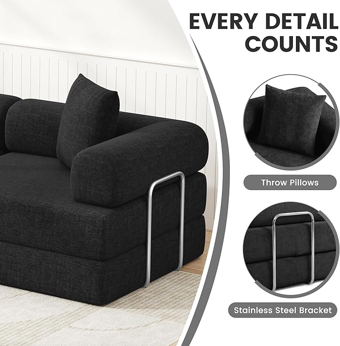 DURASPACE 78'' Folding Convertible Sofa Bed Boneless Foam Sectional Couches with Fixed-Shape Frame, Modular Floor Sleeper Sofa for Living Room (Chenille Black)