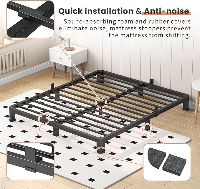 VIPSHOW 16 Inch Queen Heavy Duty 3500 lbs Bed Frame with Round-Corner Legs & Anti-Squeak Design – Quick Assembly Metal Platform, No Box Spring Needed