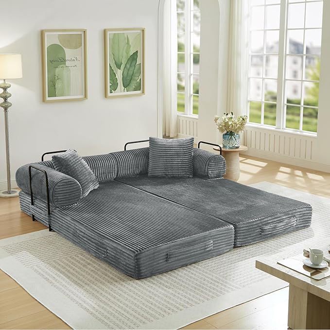 Modular Couch Bed, Convertible Folding Plush Corduroy Comfy Floor Memory Foam Compression Loveseat Sleeper Sofa Couch, King Size Bed for Guest Room Living Room Bedroom, No Assembly Required, Grey