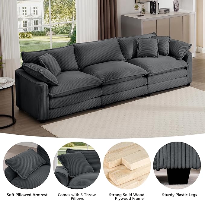 Aoowow Corduroy 3 Seater Sofa Couch,Modern Large Cloud Couches for Living Room,Modular Sectional Cloud Sofas with Deep Seat,Oversized Tufted 3 Seat Sofa Set. (Grey, 3 Seater)