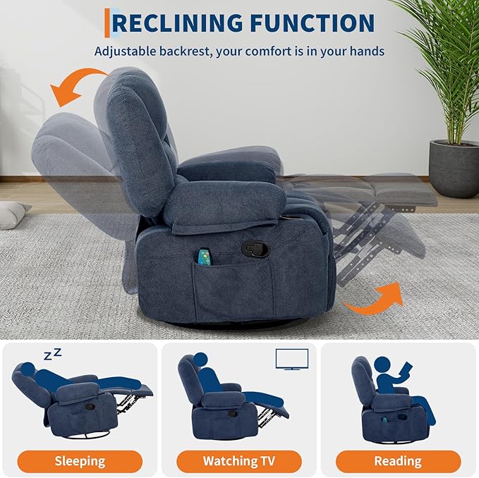 Rocker Recliner Chairs for Adults w/Vibration Massage and Heating,360° Swivel Rocker Glider Recliner,Extra Wide Manual Lazy Chair,Chenille Fabric Sofa Chair for Living Room,Bedroom,Blue