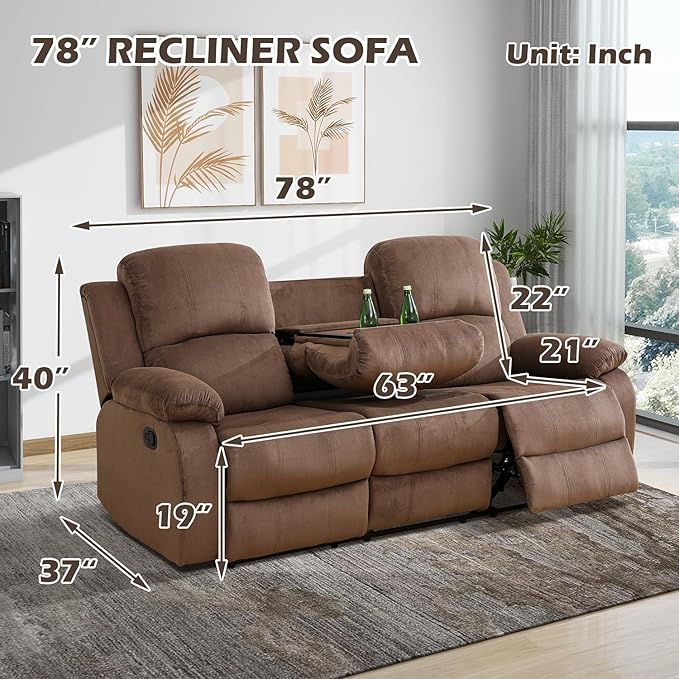 SIENWIEY Manual Recliner Sectional Sofa for Living Room,L Shaped Reclining Sectional Corner Couch with Sofa,Brown Fabric Recliner Sofa Set with Storage Console/Drop Down Coffee Table/Cup Holders