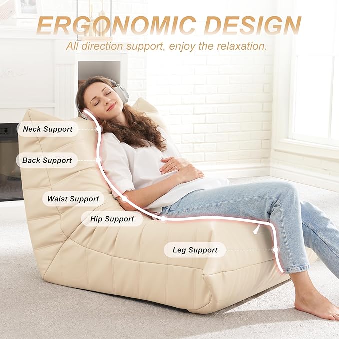 Hobestluk Giant Bean Bag Chair Lazy Floor Sofa, Memory Foam Fireside Sofa for Adults, Big Beanbag Faux Leather Armless Chair for Living Room Bedroom Dorm Office (Beige, Single)