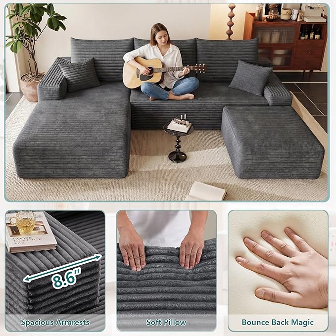 95" U-Shape Cloud Couch, Modern Modular Sectional L-Shape Sofa with Ottoman, Corduroy Upholstered Couches Deep Seat Sleeper Chaise Longue for Living Room, No Assembly Required(Dark Gray, Left Facing)