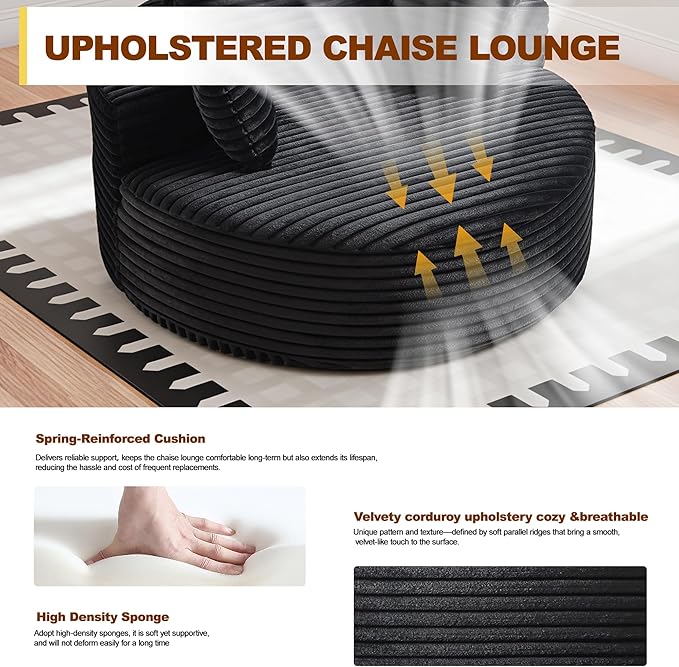55'' Oversized Round Boneless Chaise Lounge Chair Indoor, Upholstered Corduroy Deep Seat Cloud Large Circle Sofa Couches Bed Corduroy Modern Floor No Assembly Sleeper Bed for Living Room, Bedroom