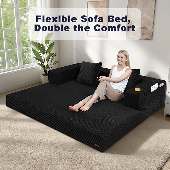 COMAX Futon Sofa Bed Queen, 79" Convertible Sofa Bed Couches for Living Room, 4 in 1 Folding Boneless Sleeper Corduroy Couch Loveseat Foam In a Box, Foldable Comfy Lounge Fold Out Floor Mattress Black