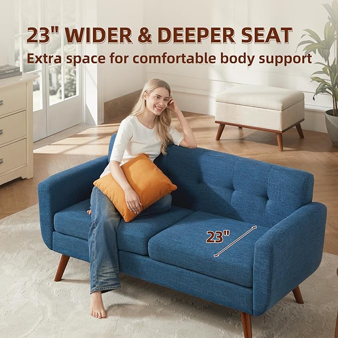 Tbfit 65" W Loveseat Sofa, Mid Century Modern Decor Love Seat Sofas and Couches for Living Room, Button Tufted Upholstered Small Couch for Bedroom, Solid and Easy to Install Love Seats Furniture, Blue | linen fabric, button tufted, solid wood foot, poc...