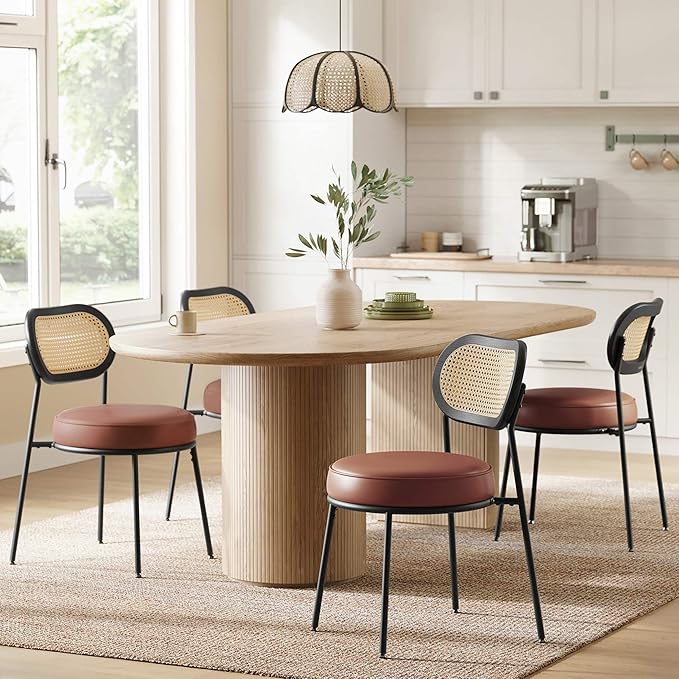 VASAGLE Dining Chairs, Set of 4 Accent Chair for Dining Room Kitchen, with Boho PE Rattan Back, Synthetic Leather Upholstery, Coffee Brown ULDC160K24