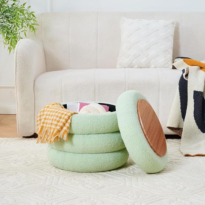Wimarsbon Round Storage Ottoman, Modern Sherpa Footstool, Teddy Vanity Stool with Flip-Top Tray, Makeup Chair for Home Decor, Upholstered Footrest for Living Room & Bedroom (Green)