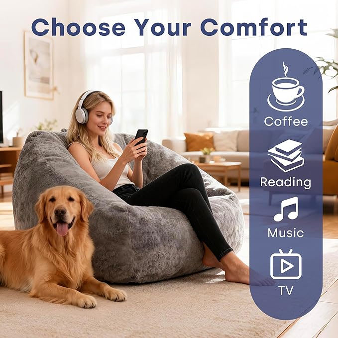 SUNBURY 47.2" Length L-Shaped Bean Bag Chair with Arms, Memory Foam Filled Floor Sofa with Handle & Side Pocket, Plush Faux Fur Chair for Adults, Living Room & Game Room (Gray)