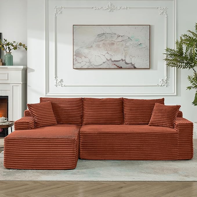 HYJT-H&K Modular Sectional Sofa Cloud Sectional Couch, 95" Comfy Fluffy L Shaped Orange Couches for Living Room, Deep Seat Memory Foam Plush Corduroy Boneless Couch Sectionals Left Facing Chaise Sofa