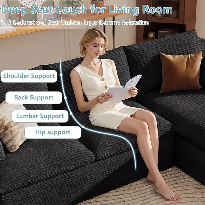 136" Cloud Sectional Couch with L-Shape Chaise, Modern Corduroy Viral Boneless Sofa for Living Room,Memory Foam Couches in a Box with Deep Seat,No Assembly Required (Black,Right-Facing Chaise)