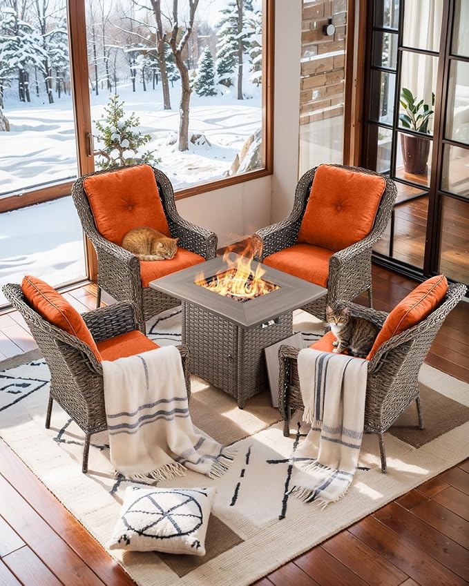 ACTREST Patio Wicker Chairs Outdoor Furniture Chair - Set of 4 Outside All Weather Lawn Dining Brown Rattan Armchair with High Back&Deep Seating for Deck Porch Balcony Backyard Garden - Orange