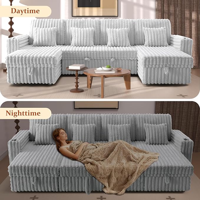 124" Sectional Sleeper Sofa with Pull Out Bed, Comfy Fluffy Plush Corduroy Cloud Sectional Couches for Living Room, U Shaped Modular Couch with Storage Chaise, Cup Holder & USB Charger, Grey