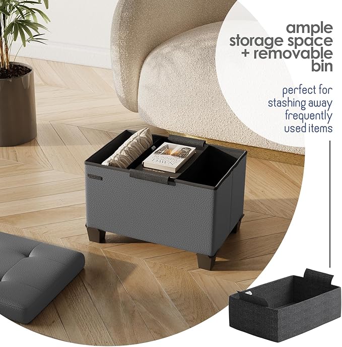 Storage Ottoman Cube with Small Bin, 16-in Square Ottoman with Storage for Living Room and Bedroom, Small Ottomans Foot Rest, Faux Leather Foot Stools Ottomans Max 330lbs, Grey