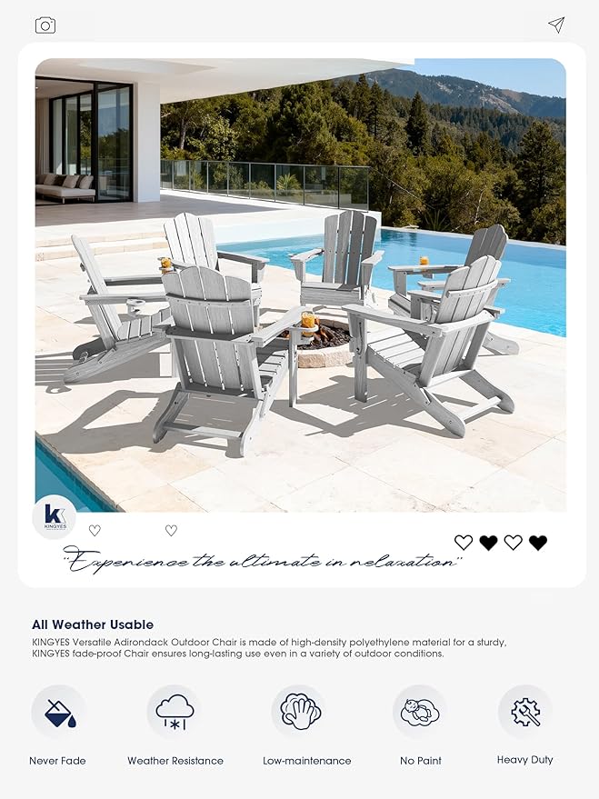 KINGYES Folding Adirondack Chair Set of 8, HDPE All-Weather Patio Chairs with Cup Holder, Wooden Textured Fire Pit Chairs for Poolside, Backyard, Deck, Silver Grey