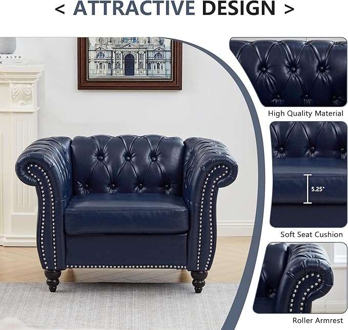QHITTY Accent Chair, Chesterfield Chair Modern Leather Upholstered Chair with Tufted Back for Living Room Furniture (Blue)