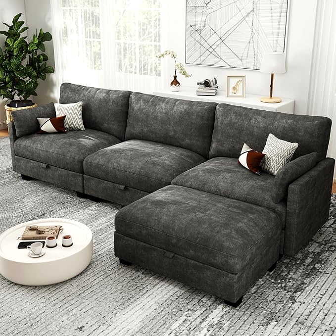 Modular Sectional L Shaped Sofa Couches for Living Room, Cloud Couch with Storage Ottoman, Comfy Chenille Sofa with Pillow, Dark Gray