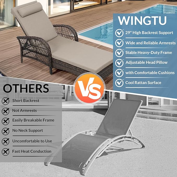 WINGTU Outdoor Chaise Lounge Chair, PE Wicker Long Recliner Patio Lounge Chair with Cushion, 6-Position Patio Reclining Sun Lounger with Adjustable Backrest for Poolside, Armrest & Pillow, Beige