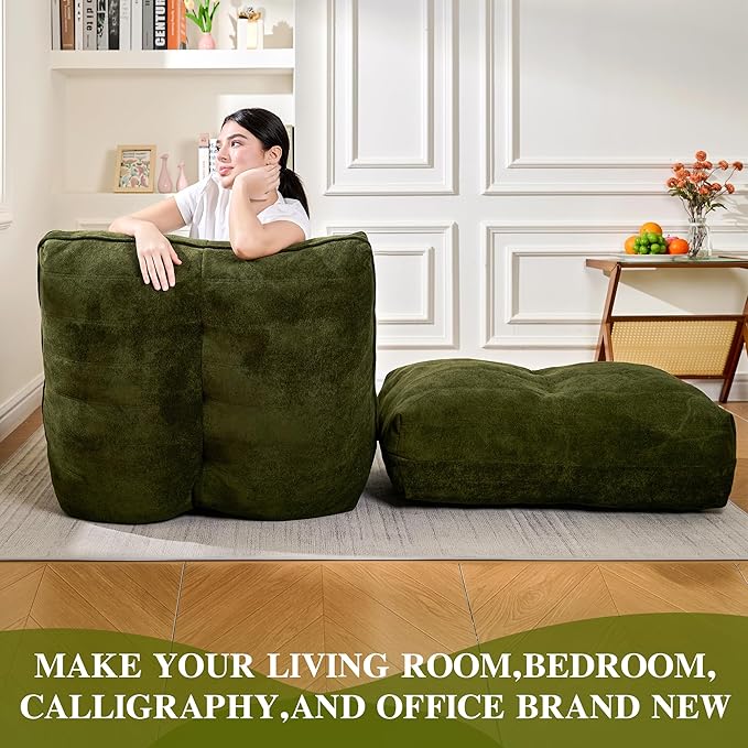 Cvortll Bean Bag Chair with Ottoman, Comfy Bean Bag Sofa with Memory Foam, Lazy BeanBag Sofa with Footstool, Fireside Bean Bag Couch for Living Room, Bedroom, Apartment (Green)