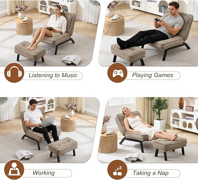 ANJ Accent Chair with Ottoman Adjustable Backrest, Living Room Chair Tufted Upholstered Lounge Chair with Footrest Set, Modern Chair Cozy Reclining Chair for Reading Room Bedroom