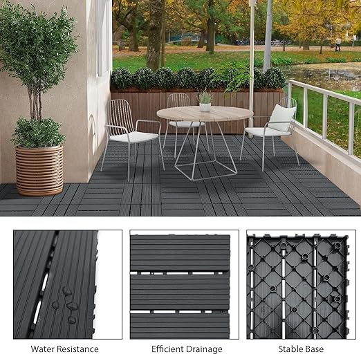 36 PCS 12x12 Inch Interlocking Deck Tiles - Waterproof All-Weather Outdoor Patio Flooring for Pool, Balcony, Backyard, Porch & Garden, Dark Grey