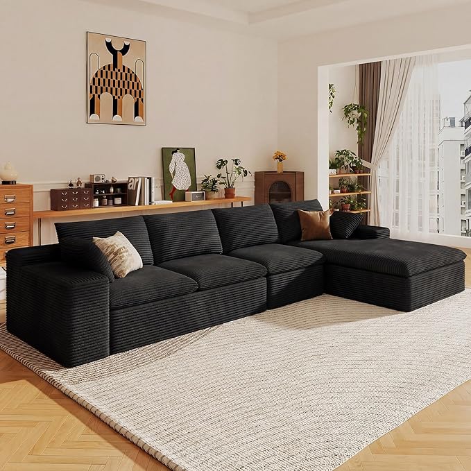 136" Cloud Sectional Couch with L-Shape Chaise, Modern Corduroy Viral Boneless Sofa for Living Room,Memory Foam Couches in a Box with Deep Seat,No Assembly Required (Black,Right-Facing Chaise)