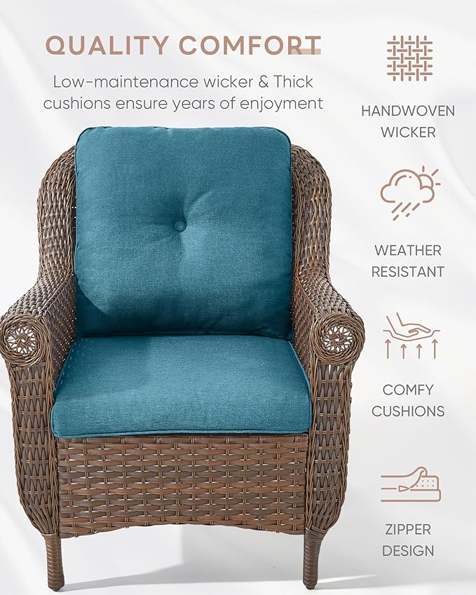 ACTREST Patio Wicker Chairs Outdoor Furniture Chair - Set of 4 Outside All Weather Lawn Dining Brown Rattan Armchair with High Back&Deep Seating for Deck Porch Balcony Backyard Garden - Peacock Blue