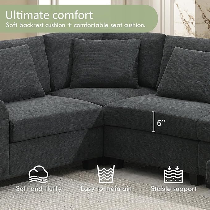 Furnimart 128" U Shaped Sectional Sofa, 5 Seat Chenille Couch Set with Oversized Chaise Lounge, Hidden Armrest Storage and Cup Holders, USB Charging Ports, Deep Seat Sofa for Living Room, Beige