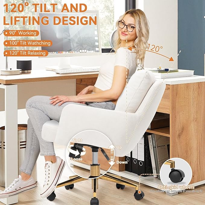 BALIAA Flannel Office Chair, Comfy Home Office Desk Chairs with Lumbar Support, Modern Velvet Desk Chair Gold Legs Small Swivel Task Chair for Home Office, Bedroom, Study (Beige, L)