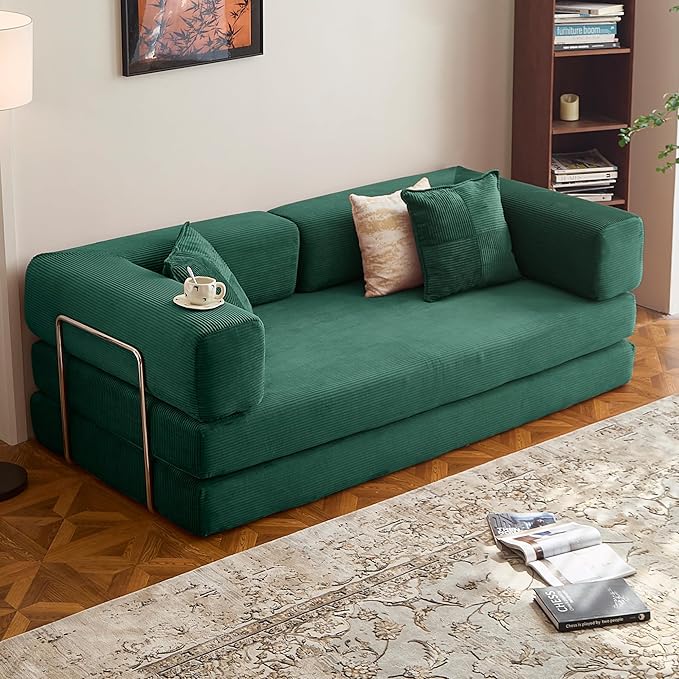 LIAROO 78.8" Convertible Sofa Bed -Compression Sofa with Corduroy Fabric - with Armrests and Backrest - Modular Sectional for Living Room, Bedroom, Studio - Compression Sofa in Box (Emerald Green)