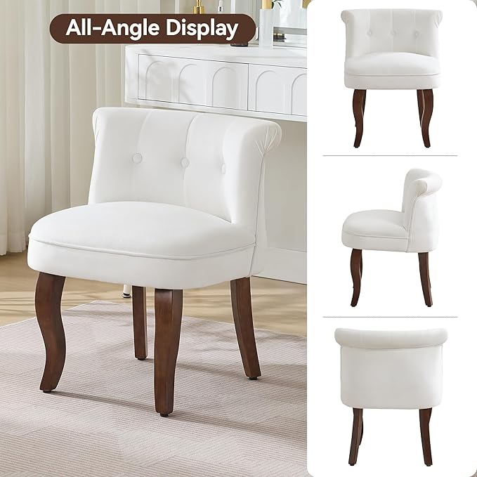 WUTUTUEE Velvet Vanity Chair with Back, Tufted Upholstered Vanity Stool with Solid Wood Legs, Mid Century Small Makeup Chair for Vanity, Accent Chair for Bedroom, Living Room, White